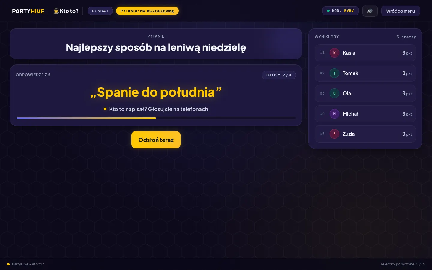 Kto to? w PartyHive – ekran gospodarza na laptopie