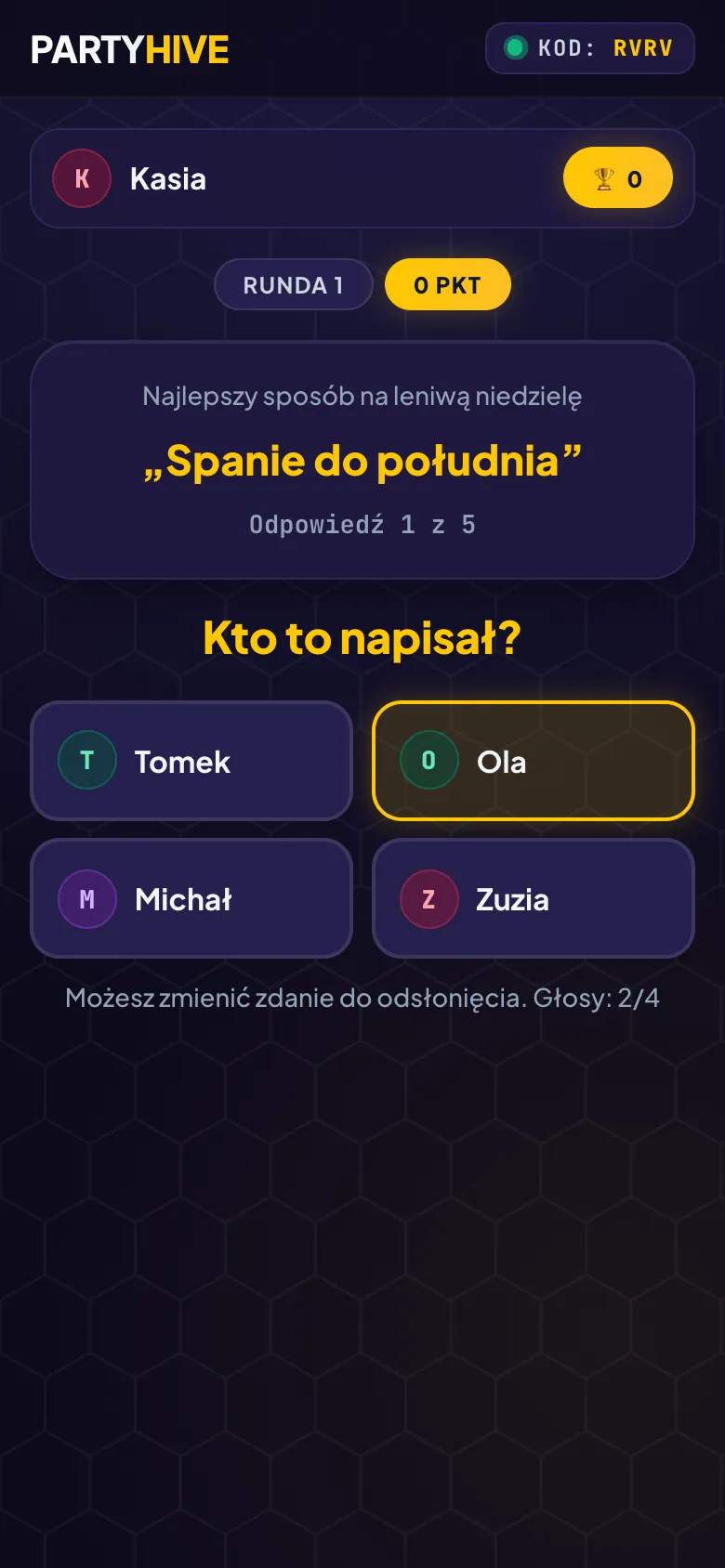Kto to? w PartyHive – widok gracza na telefonie