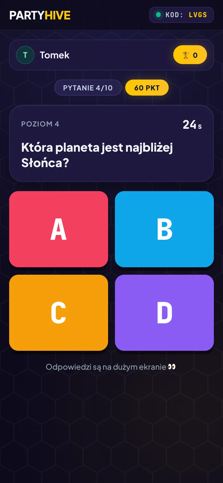 Quiz w PartyHive – widok gracza na telefonie