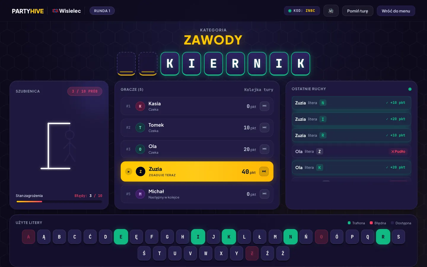 Gra Wisielec w PartyHive – ekran gospodarza na laptopie
