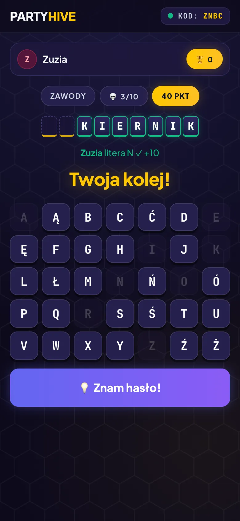 Gra Wisielec w PartyHive – widok gracza na telefonie