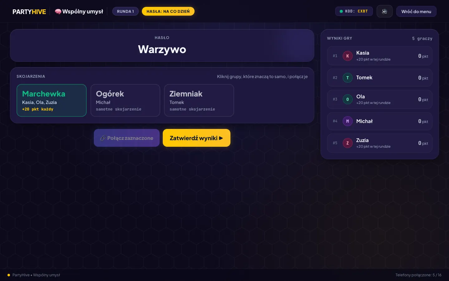 Wspólny umysł w PartyHive – ekran gospodarza na laptopie
